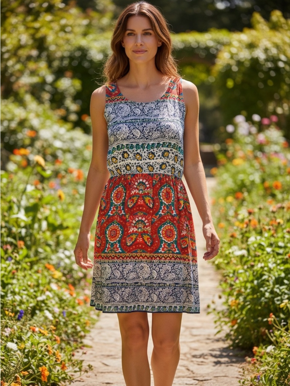 Angie Red, Blue & Green Mixed-Print Sleeveless Mini Dress